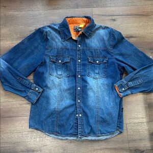 Wear First Denim Button-Up Shirt with Orange Lining ! XL